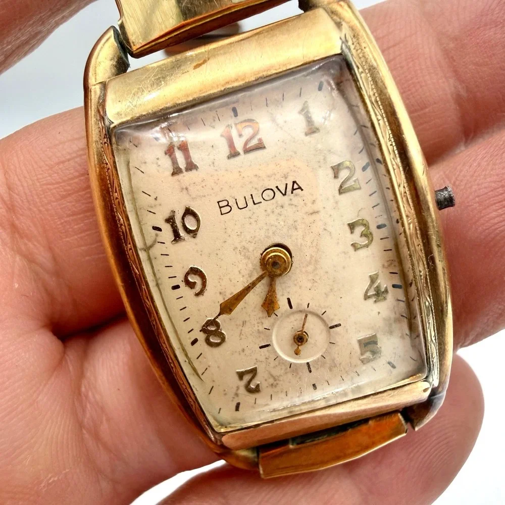 Bulova Mens Tank Watch 10AX 21 Jewel 10K‎ Gold Filled Working Broken Crown